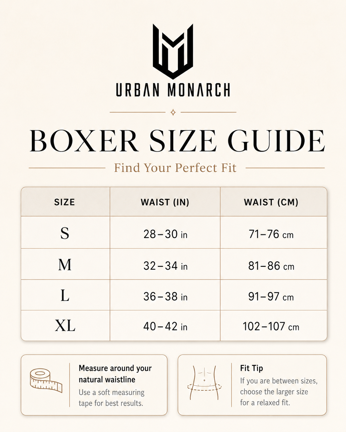 Urban Monarch boxer size guide with waist measurements in inches and centimeters.